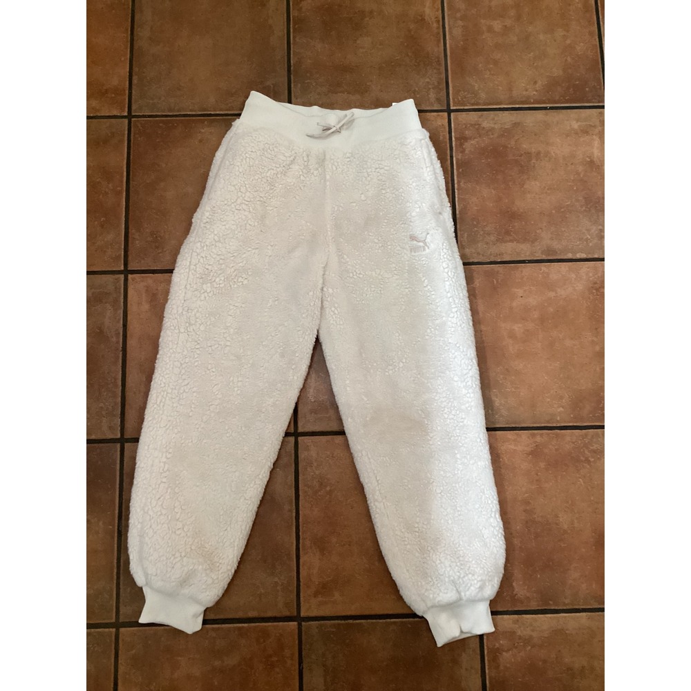 Puma Womens Sherpa Fleece Joggers Cream High Waist Teddy Sweatpants 597871-23 S - Picture 3 of 11